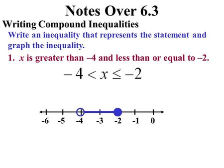 Notes Over 6.3 Writing Compound Inequalities Write an inequality that represents the statement and graph the inequality. l l l l l l l -6 -5 -4 -3 -2.