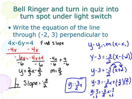 Bell Ringer and turn in quiz into turn spot under light switch Write the equation of the line through (-2, 3) perpendicular to 4x-6y=4.