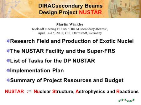 Martin Winkler, DP NUSTAR 14-4-05 DIRACsecondary Beams Design Project NUSTAR  Research Field and Production of Exotic Nuclei  The NUSTAR Facility and.