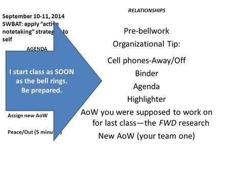 September 10-11, 2014 SWBAT: apply “active notetaking” strategies to self RELATIONSHIPS Pre-bellwork Organizational Tip: Cell phones-Away/Off Binder Agenda.