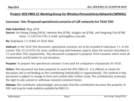 May 2014 doc.: IEEE802.15-14-0239-00-0010 Submission Soo-Young Chang (SYCA) Slide 1 Project: IEEE P802.15 Working Group for Wireless Personal Area Networks.