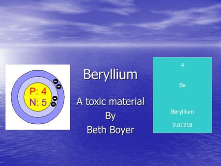Beryllium A toxic material By Beth Boyer 4 Be Beryllium 9.01218.