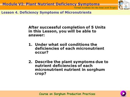 After successful completion of 5 Units in this Lesson, you will be able to answer: 1.Under what soil conditions the deficiencies of each micronutrient.