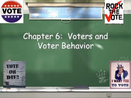 Chapter 6: Voters and Voter Behavior Voter Turnout in 2004 / Whites - 67% Women- 65% / Blacks - 60% Men - 62% / Hispanics - 47% / Asians - 44% / 65.
