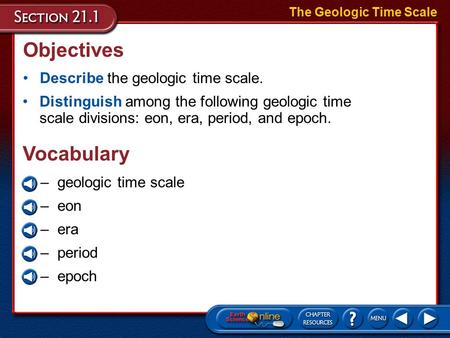 Objectives Vocabulary Describe the geologic time scale.