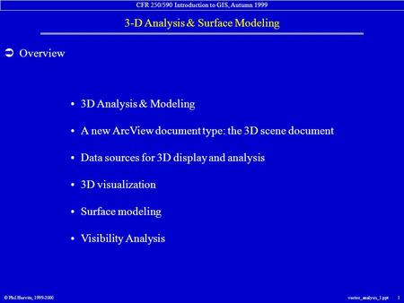 CFR 250/590 Introduction to GIS, Autumn 1999 3-D Analysis & Surface Modeling © Phil Hurvitz, 1999-2000vector_analysis_1.ppt 1  Overview 3D Analysis &