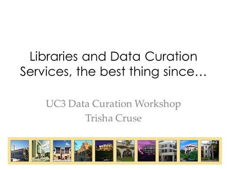 Libraries and Data Curation Services, the best thing since… UC3 Data Curation Workshop Trisha Cruse.
