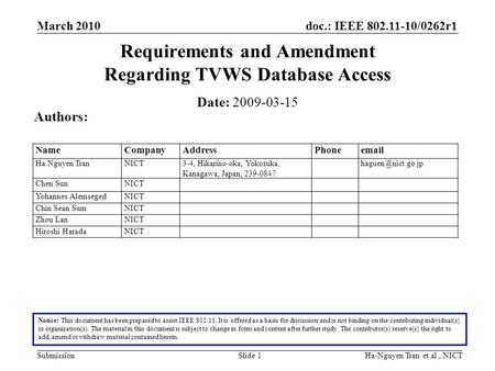 Doc.: IEEE 802.11-10/0262r1 Submission March 2010 Ha-Nguyen Tran et al., NICTSlide 1 Requirements and Amendment Regarding TVWS Database Access Notice:
