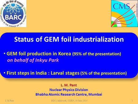 L. M. Pant Nuclear Physics Division Bhabha Atomic Research Centre, Mumbai Status of GEM foil industrialization GEM foil production in Korea (95% of the.