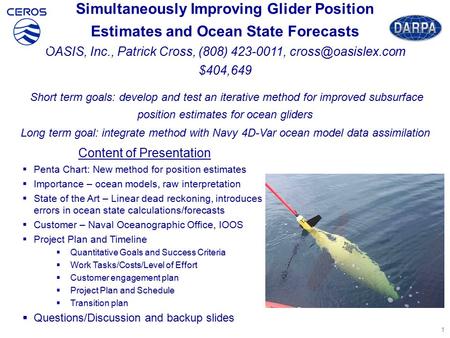Simultaneously Improving Glider Position Estimates and Ocean State Forecasts OASIS, Inc., Patrick Cross, (808) 423-0011, $404,649 Short.