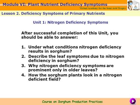 After successful completion of this Unit, you should be able to answer: 1.Under what conditions nitrogen deficiency results in sorghum? 2.Describe the.