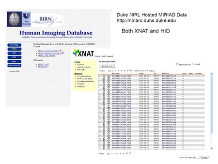 Duke NIRL Hosted MIRIAD Data  Both XNAT and HID.