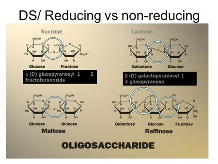 DS/ Reducing vs non-reducing α ( D) glucopyranosyl 1 2 fructofuranoside β ( D) galactopyranosyl 1 4 glucopyranose SucroseLactose.