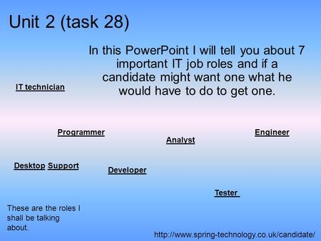 Unit 2 (task 28) In this PowerPoint I will tell you about 7 important IT job roles and if a candidate might want one what he would have to do to get one.