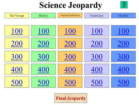 Science Jeopardy 100 200 300 400 500 100 200 300 400 500 100 200 300 400 500 100 200 300 400 500 100 200 300 400 500 The VoyageHistory Natural Selection.