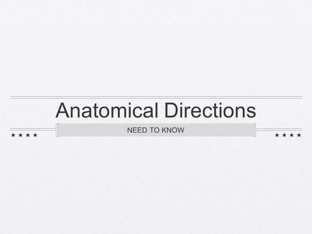 Anatomical Directions NEED TO KNOW. Anatomical Planes Sagittal Plane -- Cuts body in 2 halves; left and right Coronal Plane -- Cuts body in 2 halves;