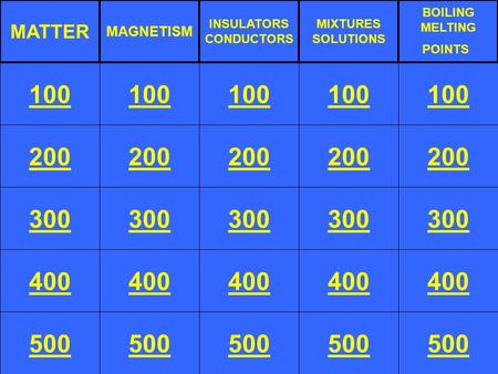 200 300 400 500 100 200 300 400 500 100 200 300 400 500 100 200 300 400 500 100 200 300 400 500 100 MATTER MAGNETISM INSULATORS CONDUCTORS MIXTURES SOLUTIONS.