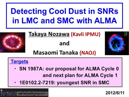 Detecting Cool Dust in SNRs in LMC and SMC with ALMA Takaya Nozawa (Kavli IPMU) and Masaomi Tanaka (NAOJ) 2012/6/11 Targets ・ SN 1987A: our proposal for.