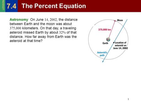 1 Astronomy On June 14, 2002, the distance between Earth and the moon was about 375,000 kilometers. On that day, a traveling asteroid missed Earth by about.
