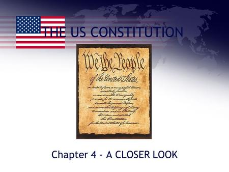 THE US CONSTITUTION Chapter 4 - A CLOSER LOOK. THE CONSTITUTION 1.Based on six principles: a. The rule by the people – democracy! b. Limited powers –