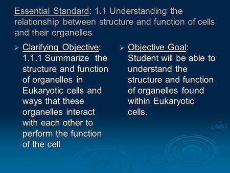 Essential Standard: 1.1 Understanding the relationship between structure and function of cells and their organelles  Clarifying Objective: 1.1.1 Summarize.