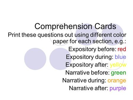 Comprehension Cards Print these questions out using different color paper for each section, e.g.: Expository before: red Expository during: blue Expository.