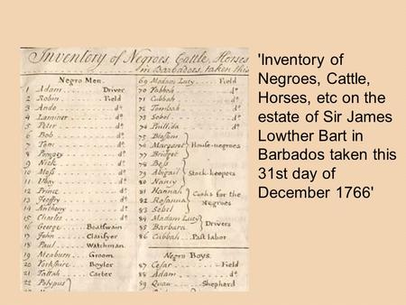 'Inventory of Negroes, Cattle, Horses, etc on the estate of Sir James Lowther Bart in Barbados taken this 31st day of December 1766'