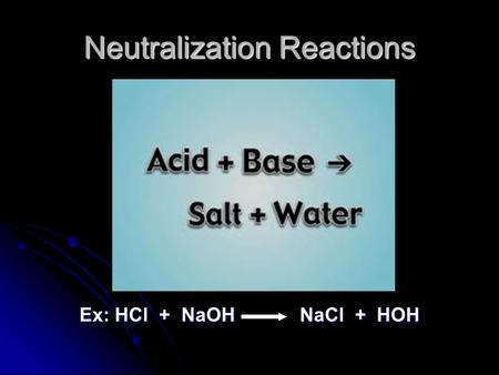 Neutralization Reactions Ex: HCl + NaOH NaCl + HOH.