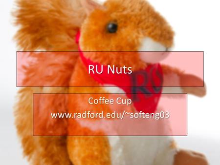 RU Nuts Coffee Cup www.radford.edu/~softeng03. RU Nuts Users will be able to complete tasks and gain points as they navigate through campus and learn.
