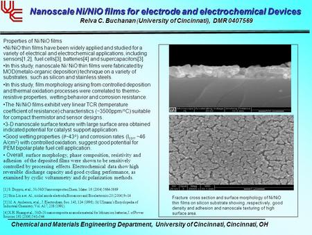 Chemical and Materials Engineering Department, University of Cincinnati, Cincinnati, OH Nanoscale Ni/NiO films for electrode and electrochemical Devices.