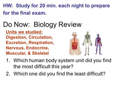 Do Now: Biology Review 1.Which human body system unit did you find the most difficult this year? 2.Which one did you find the least difficult? HW: Study.
