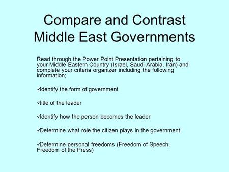 Compare and Contrast Middle East Governments Read through the Power Point Presentation pertaining to your Middle Eastern Country (Israel, Saudi Arabia,