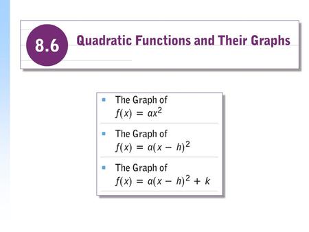 The Graph of f (x) = ax 2 All quadratic functions have graphs similar to y = x 2. Such curves are called parabolas. They are U-shaped and symmetric with.