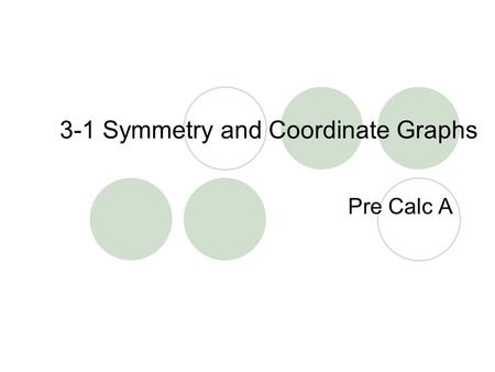 3-1 Symmetry and Coordinate Graphs Pre Calc A. Point Symmetry Symmetric about the origin: any point in Quadrant I has a point in Quadrant III (rotate.