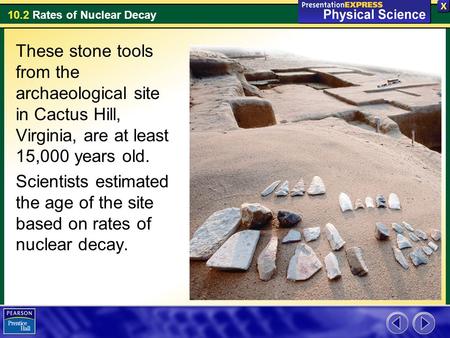 10.2 Rates of Nuclear Decay These stone tools from the archaeological site in Cactus Hill, Virginia, are at least 15,000 years old. Scientists estimated.