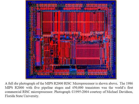 A full die photograph of the MIPS R2000 RISC Microprocessor is shown above. The 1986 MIPS R2000 with five pipeline stages and 450,000 transistors was the.