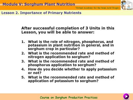 After successful completion of 3 Units in this Lesson, you will be able to answer: 1.What is the role of nitrogen, phosphorus, and potassium in plant nutrition.