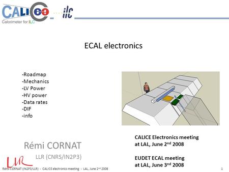Rémi CORNAT (IN2P3/LLR) - CALICE electronics meeting - LAL, June 2 nd 20081 ECAL electronics Rémi CORNAT LLR (CNRS/IN2P3) -Roadmap -Mechanics -LV Power.
