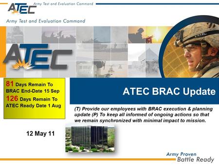 ATEC BRAC Update 12 May 11 81 Days Remain To BRAC End-Date 15 Sep 126 Days Remain To ATEC Ready Date 1 Aug (T) Provide our employees with BRAC execution.