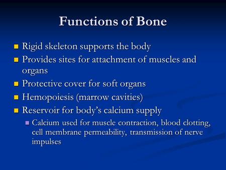 Functions of Bone Rigid skeleton supports the body