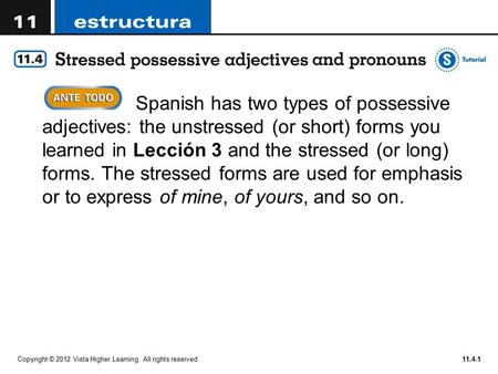 Copyright © 2012 Vista Higher Learning. All rights reserved.11.4-1  Spanish has two types of possessive adjectives: the unstressed (or short) forms you.
