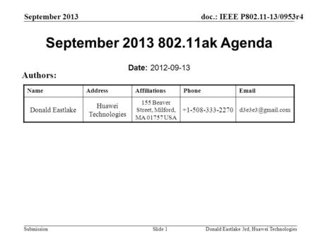 Doc.: IEEE P802.11-13/0953r4 Submission September 2013 Donald Eastlake 3rd, Huawei TechnologiesSlide 1 September 2013 802.11ak Agenda Date: 2012-09-13.