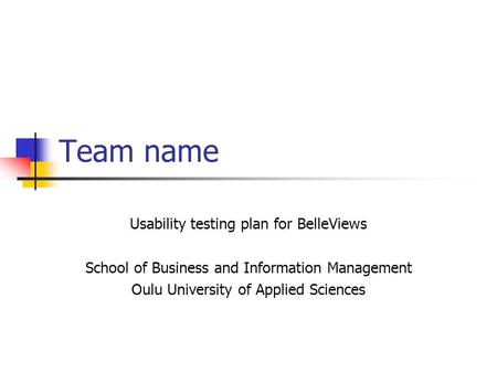 Team name Usability testing plan for BelleViews School of Business and Information Management Oulu University of Applied Sciences.