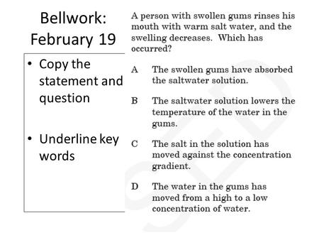 Bellwork: February 19 Copy the statement and question Underline key words.