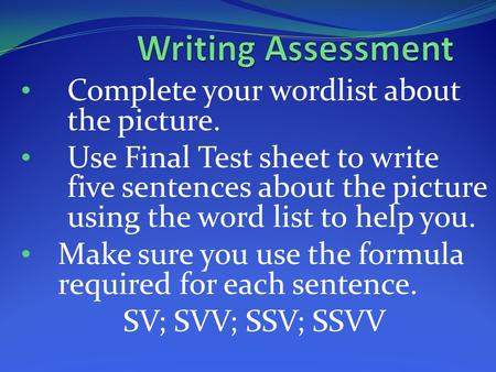 Complete your wordlist about the picture. Use Final Test sheet to write five sentences about the picture using the word list to help you. Make sure you.