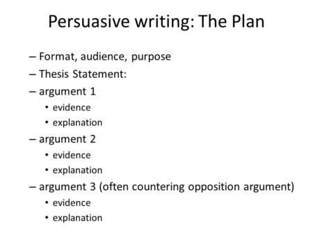 Persuasive writing: The Plan – Format, audience, purpose – Thesis Statement: – argument 1 evidence explanation – argument 2 evidence explanation – argument.