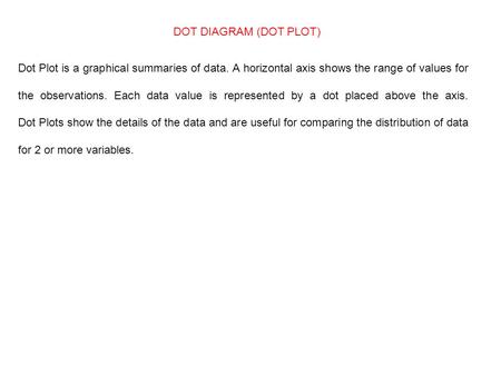 Dot Plot is a graphical summaries of data. A horizontal axis shows the range of values for the observations. Each data value is represented by a dot placed.
