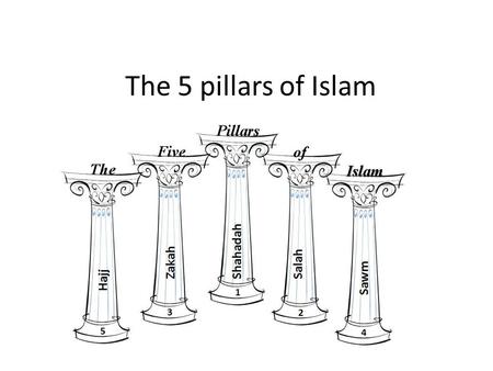 The 5 pillars of Islam. The 5 Pillars of Islam Faith or belief in the Oneness of God and the finality of the prophethood of Muhammad; Establishment of.