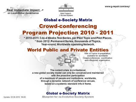 Global e-Society Matrix Crowd-conferencing Program Projection 2010 - 2011 Global e-Society Matrix Blueprint for na Evolutive Society System Glob-Triptych.