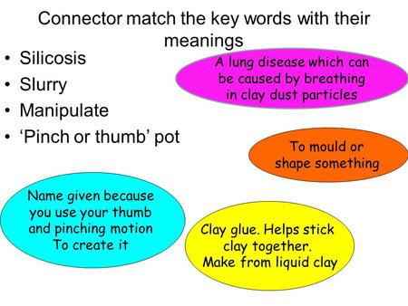 Connector match the key words with their meanings Silicosis Slurry Manipulate ‘Pinch or thumb’ pot To mould or shape something Name given because you use.